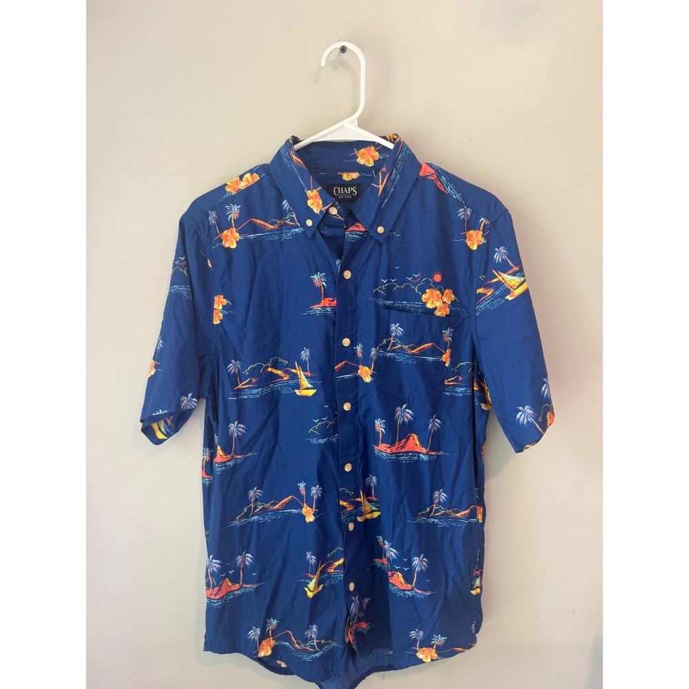 Chaps Mens Blue Tropical Island Palm‎ Tree Sailboat Button Down Shirt Medium